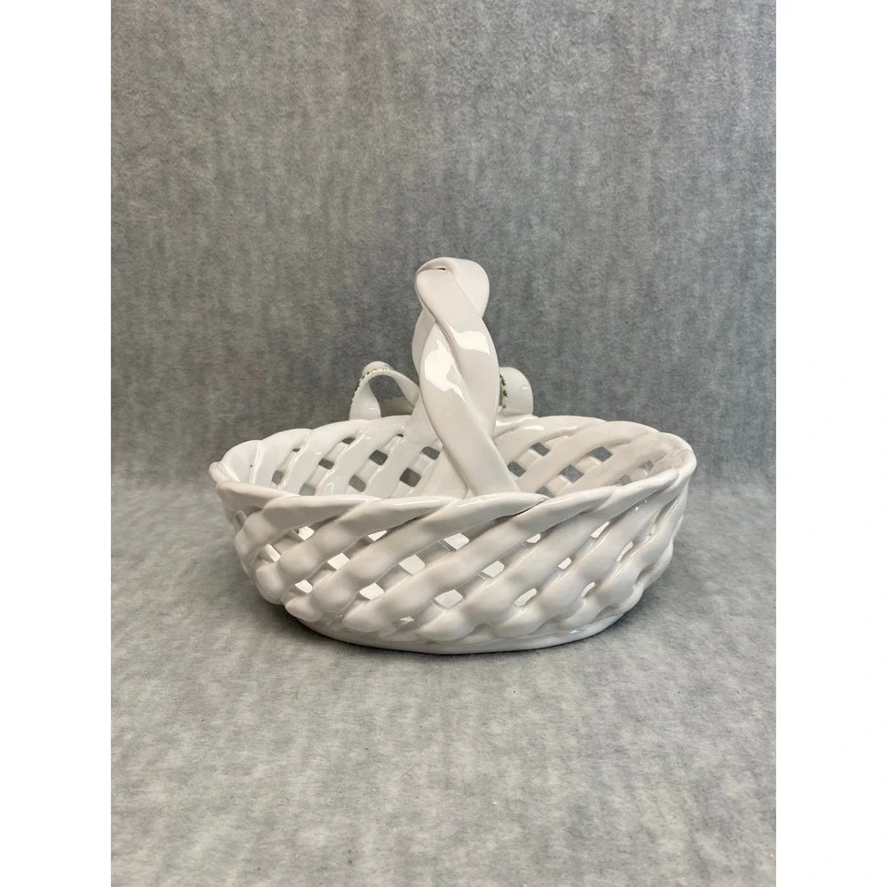 Berardos Vintage White Portugal Ceramic Lattice‎ Basket Bowl Grape Bow Accent